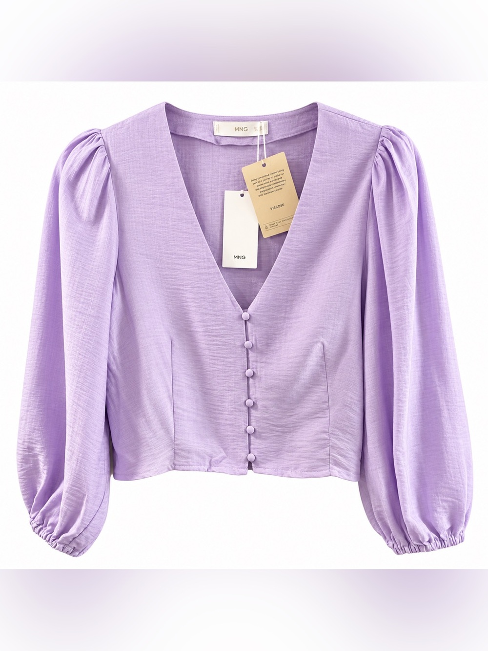 Mango MNG Puff Sleeve Cropped Blouse Lilac Purple Size Small NWT